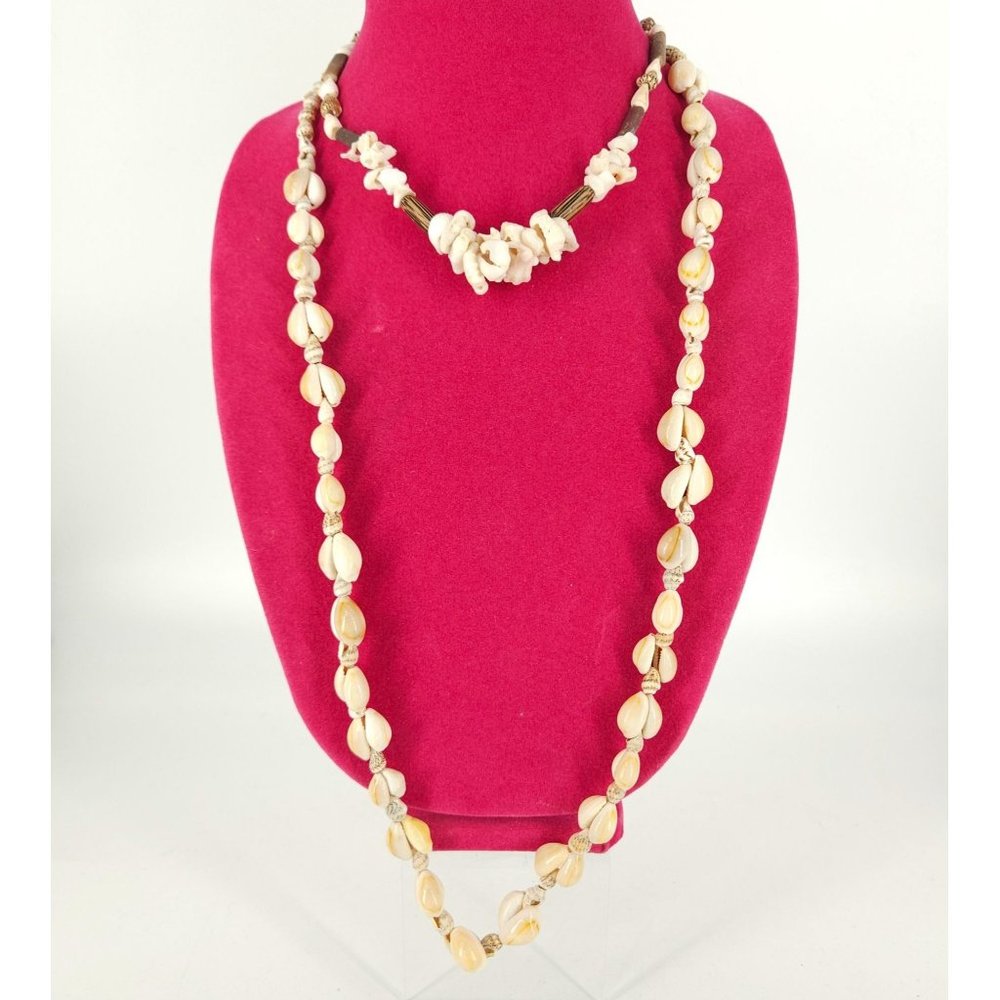 Handmade Mini Cowrie Necklace Lei SeaShell Sea Bead Set Long 31" 14" White Brown